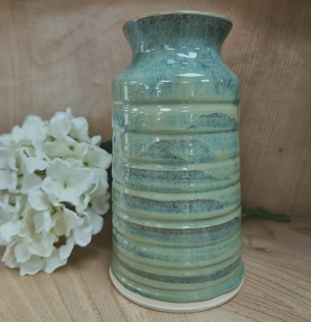 CH Pottery Vase Creamery Can Neck In Green, Brown & Hint Of Blue