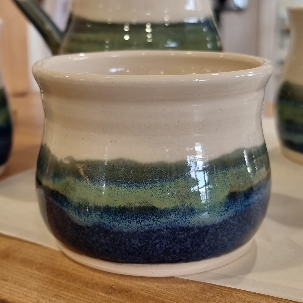 CH Pottery Sugar Bowl Cream, Greens & Blues
