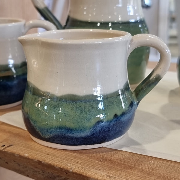 CH Pottery Small Milk Jug Blue Base With Cream & Green