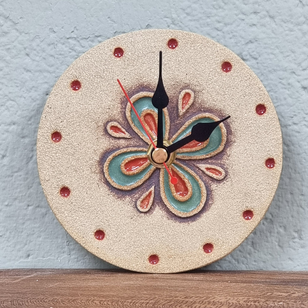 Michelle Butler Ceramics Flower Clock Teal & Red Round Small