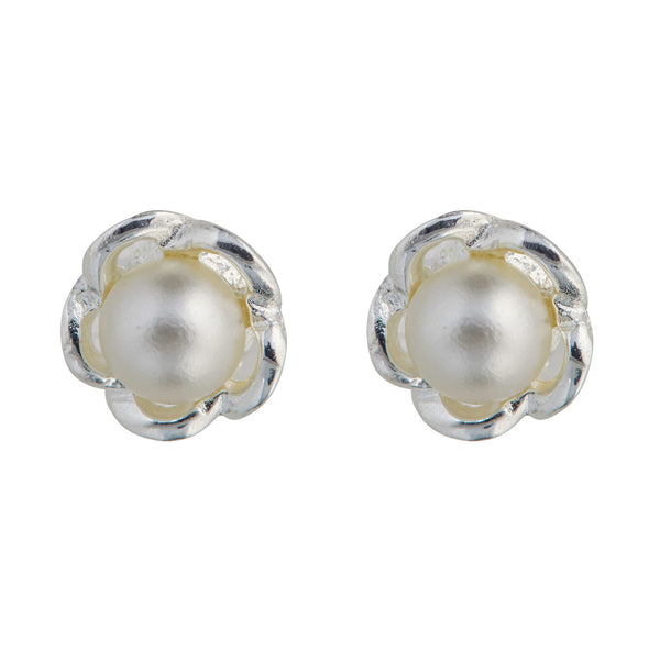 Kilkenny Silver -Pearl Stud Earrings in Floral Setting – Silver