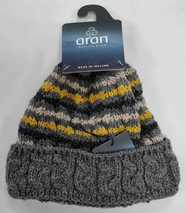 Aran Woollen Mills Aran Grey & Mustard Tone Striped Hat