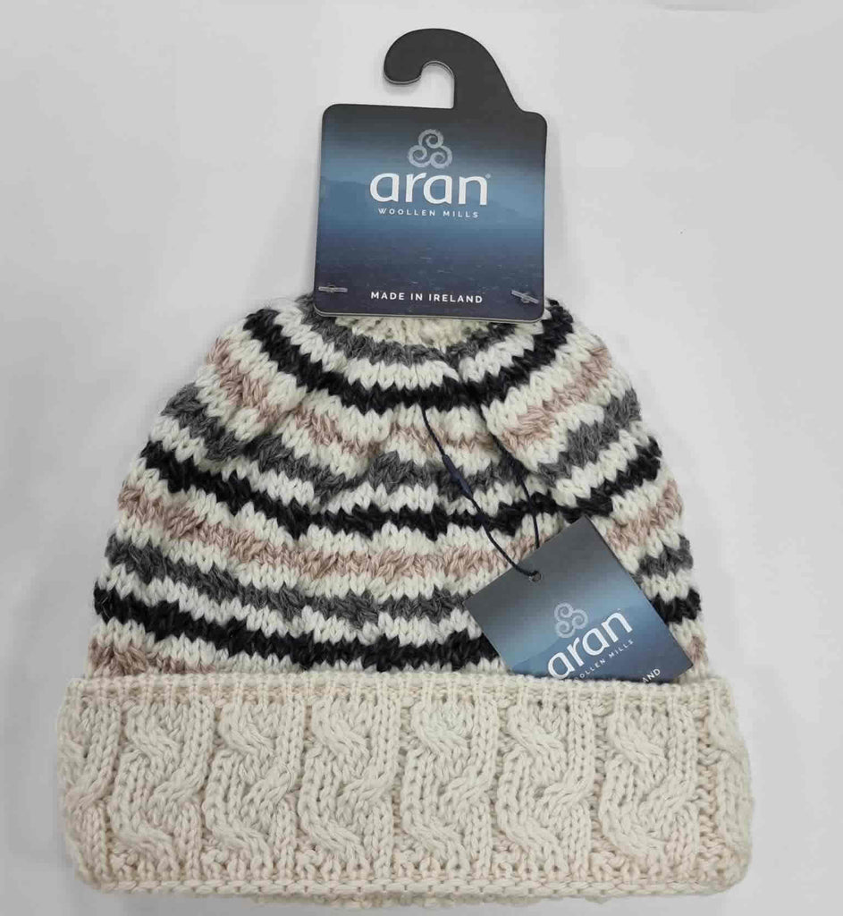 Aran Woollen Mills Aran Brown & Cream Tone Striped Hat