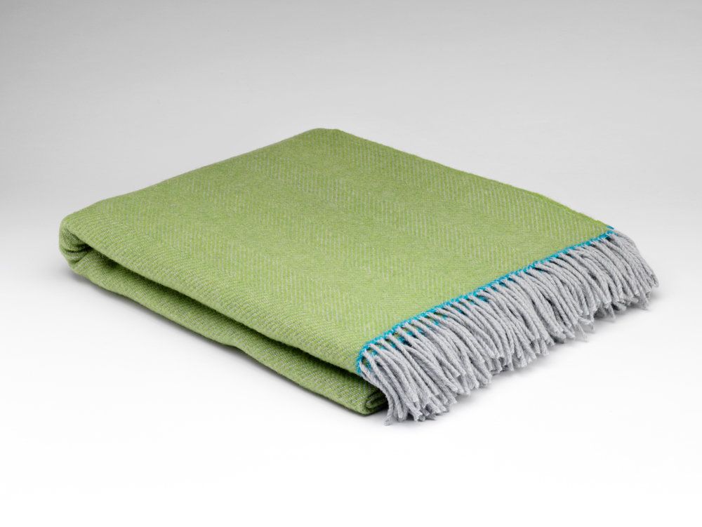 McNutt Of Donegal Maddie Herringbone Throw Lime Green with Blue Trim
