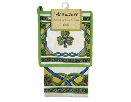 Irish Weave Emblem Tea Towel & Shamrock Pot Holder
